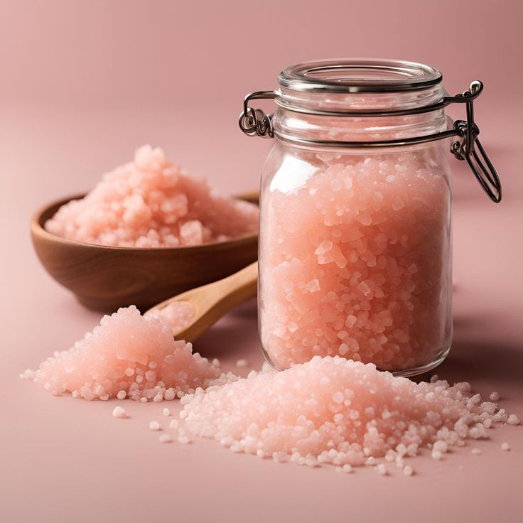 Pink edible salt in glass jar